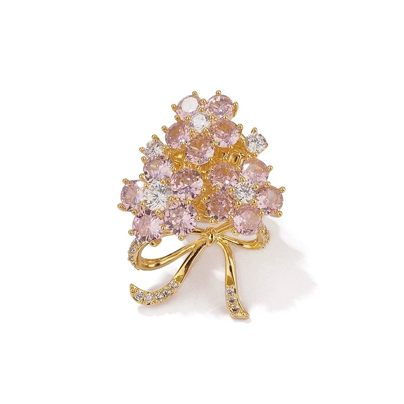 铜合金合成锆石胸针 时尚气质百搭粉色花束磁铁扣胸针3665