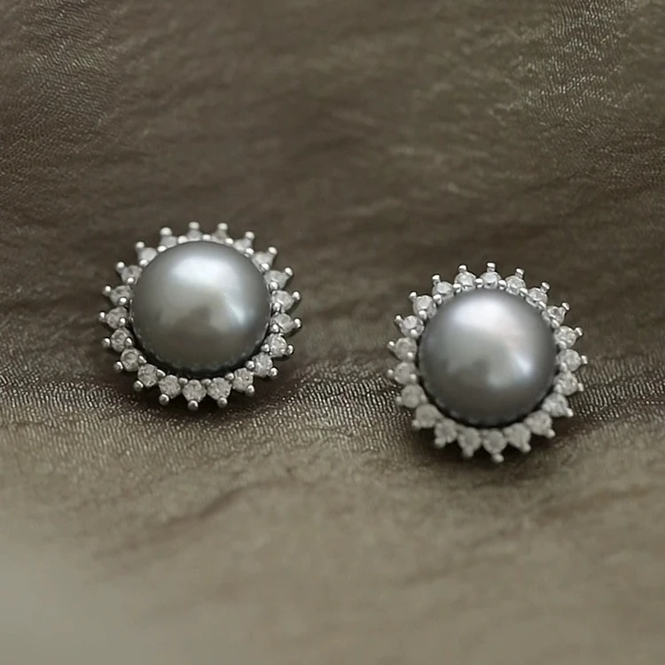 铜合金合成锆石耳饰 时尚气质百搭黑色真珠珠太阳花耳钉3699