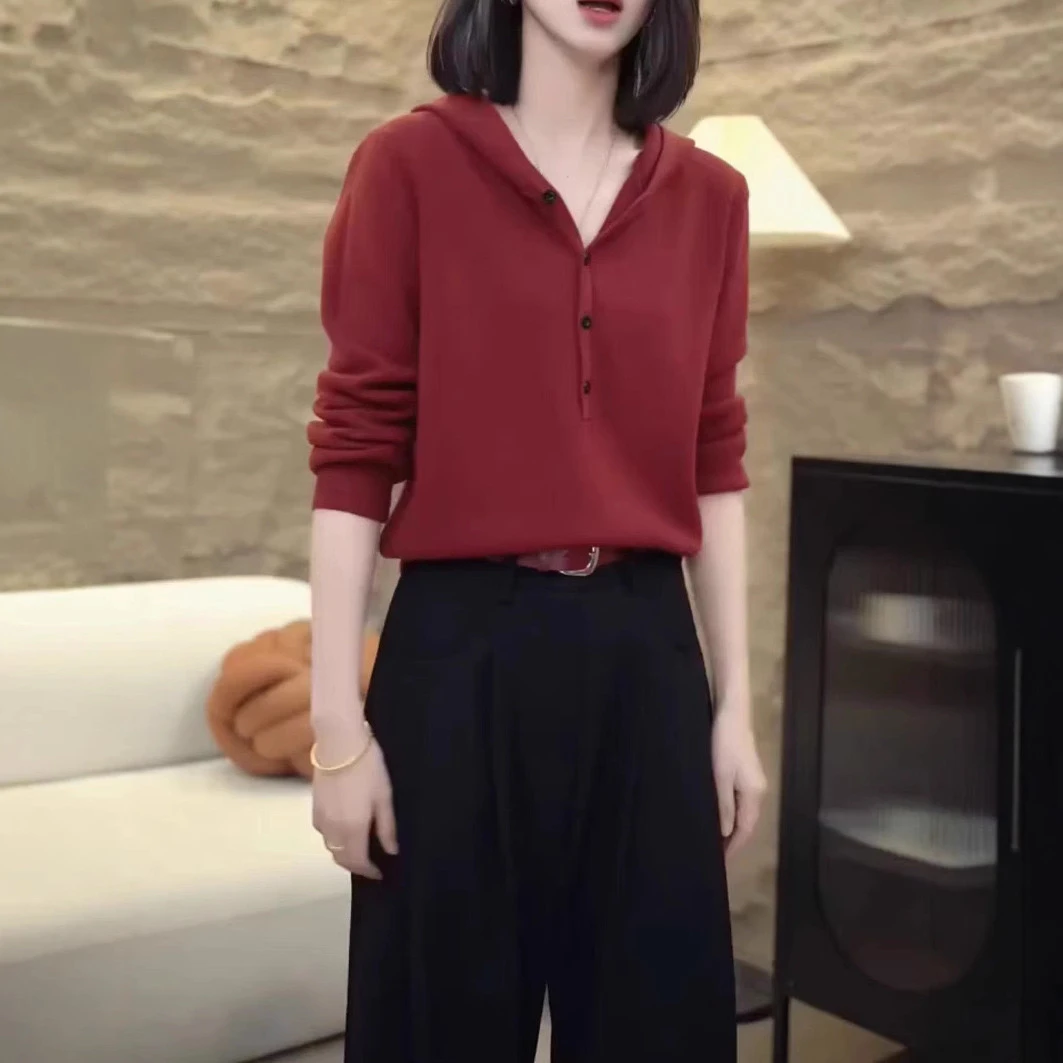 新款简约纯色连帽宽松长袖洋气上衣2
