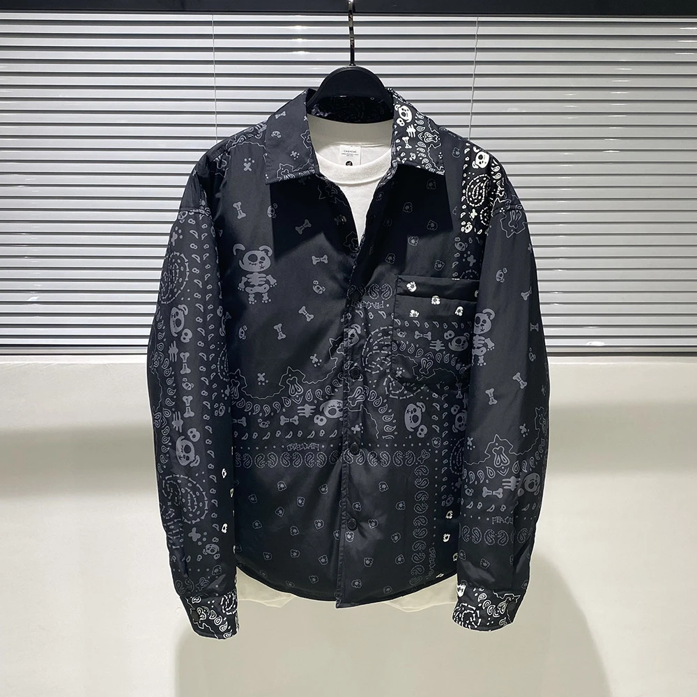 潮流时尚夜光翻领印花衬衫男式腰果花羽绒服男外套潮宽松百搭春季