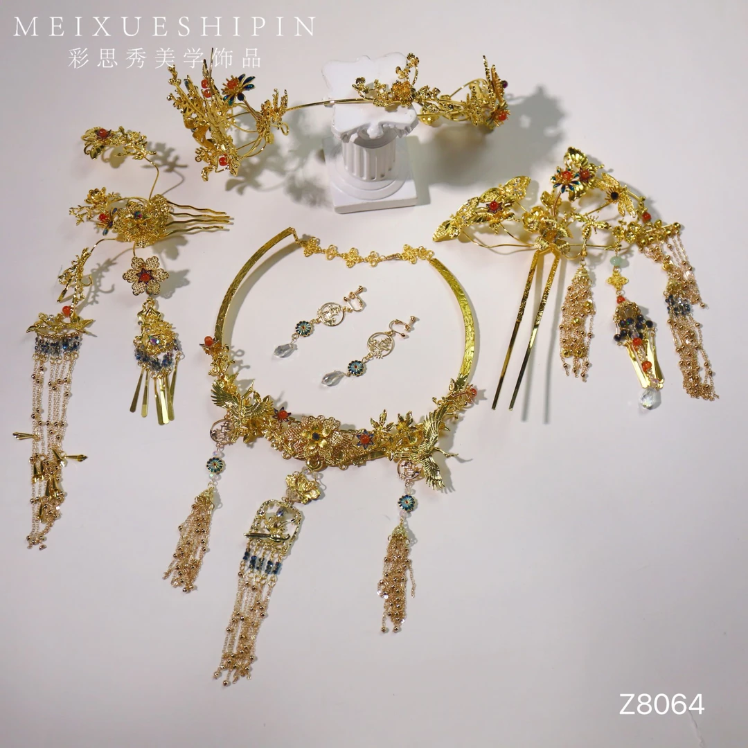 z8064 新娘婚嫁饰品金色新中式秀禾头饰带发箍项链龙凤褂黄百搭