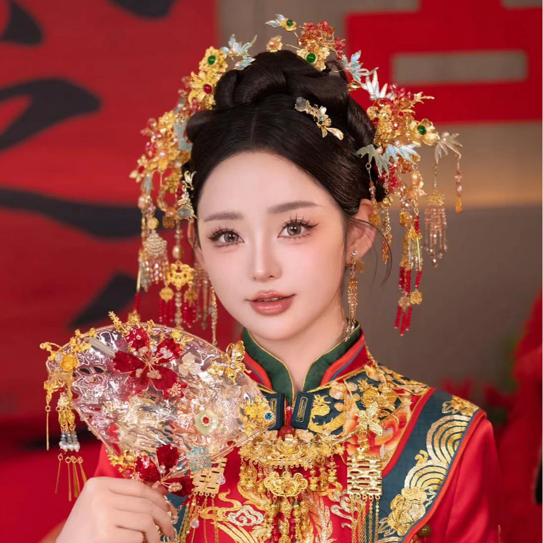 z8067 新娘婚嫁饰品金色新中式秀禾头饰古风婚礼简约带后区跟妆