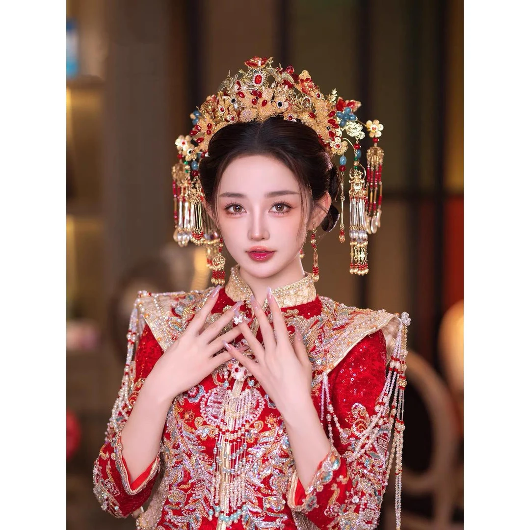 8528婚嫁饰品  新娘秀禾汉服凤冠百搭新款精致红蓝撞色爆款头饰