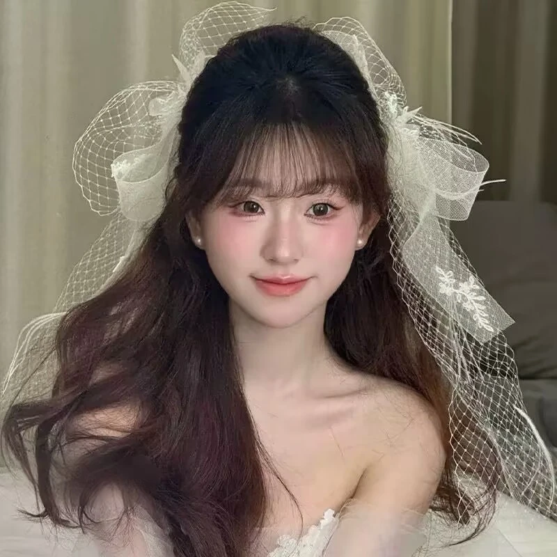 7773 新款超仙蕾丝网纱蝴蝶结头饰晨袍礼服白纱后区发夹