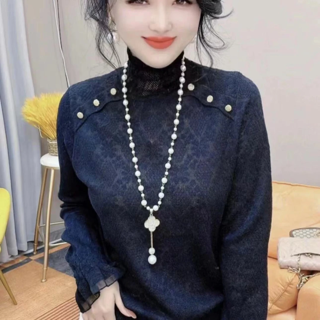 网红爆款2024秋冬新款时尚重工纽扣网纱蕾丝花边碎花镂空针织衫