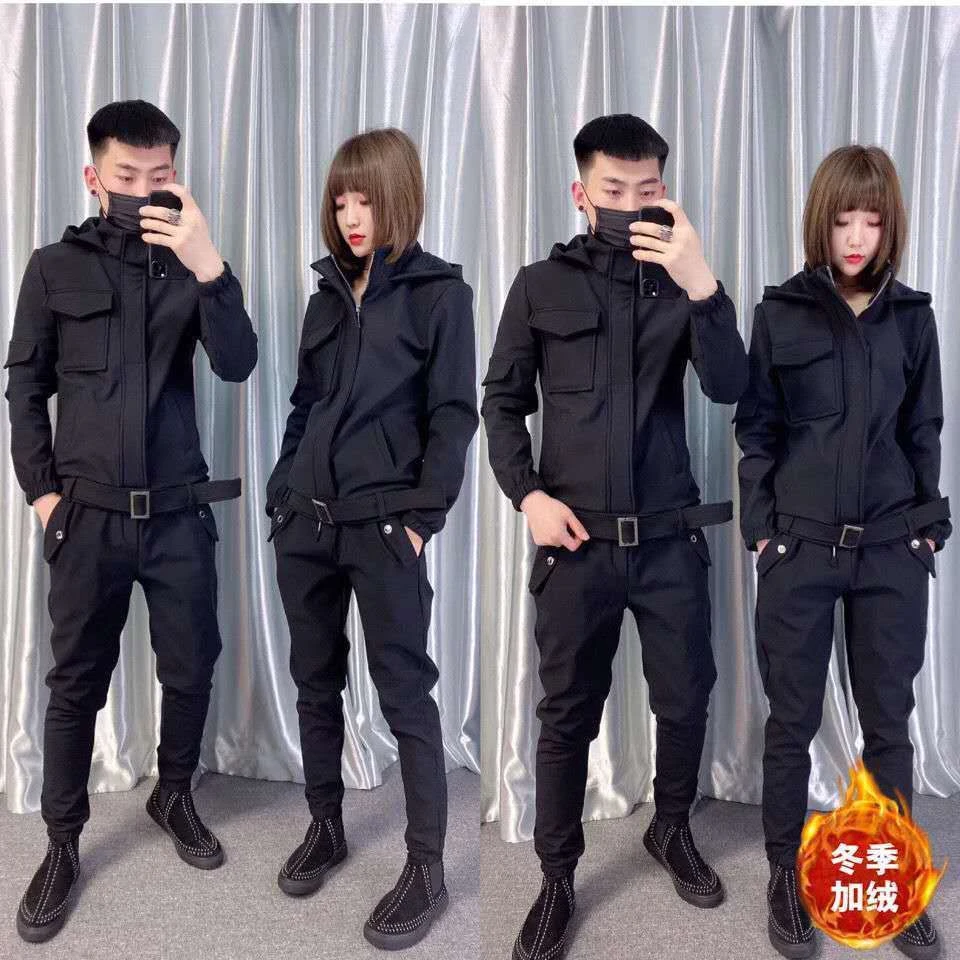 【518百货】秋冬加绒男女修身情侣春秋工装套装精神连帽帅痞款套装