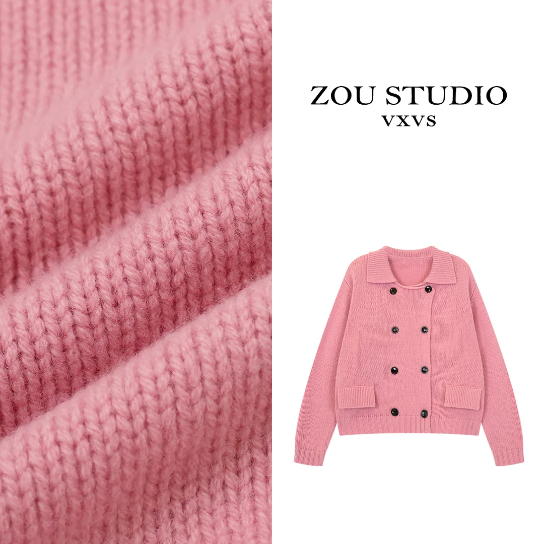 ZOU STUDIO {VXVS} 沙伦玫瑰 100羊毛纯色双排扣开衫毛衣4257