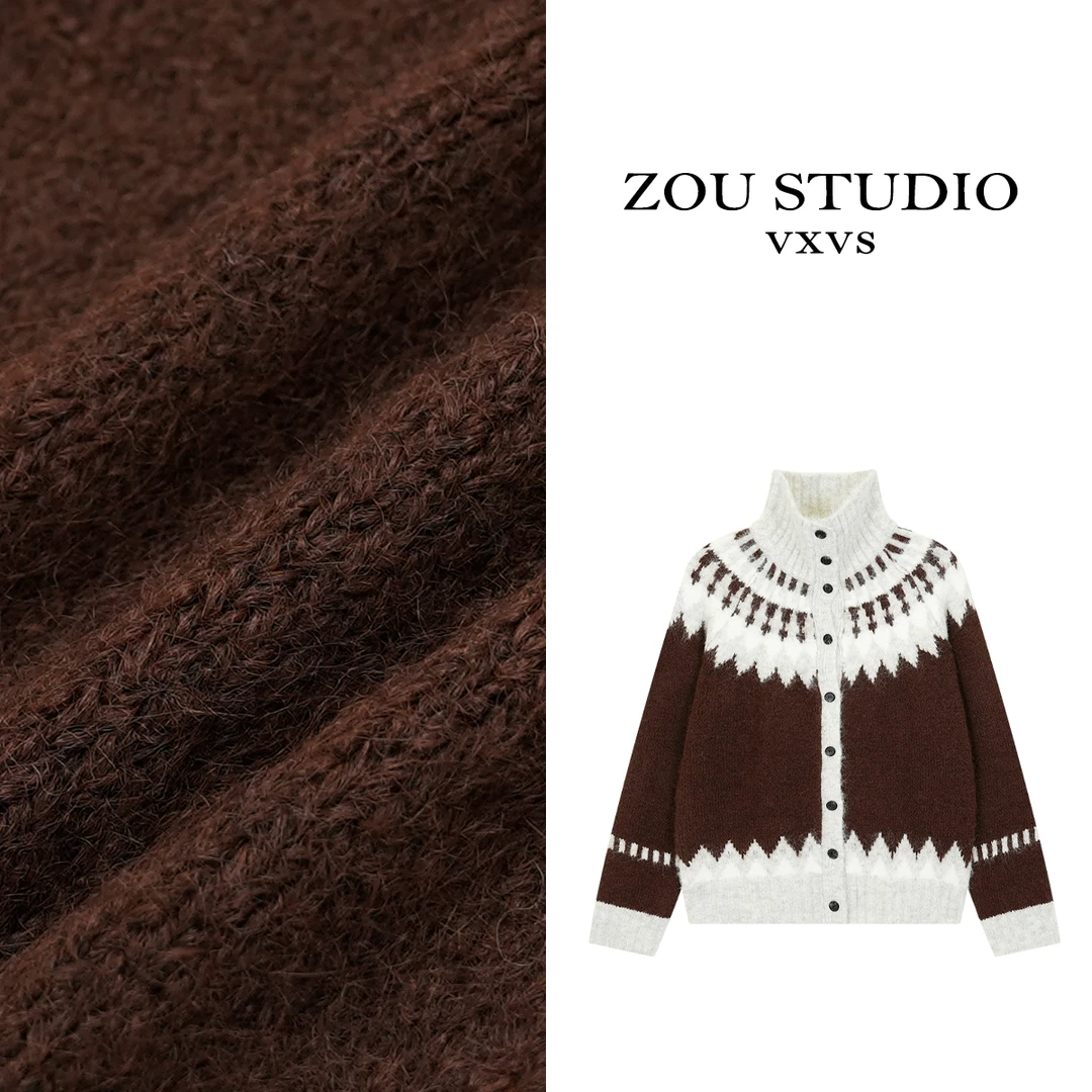 ZOU STUDIO{VXVS} 冬日特有 新款拼色单排扣开衫毛衣4266