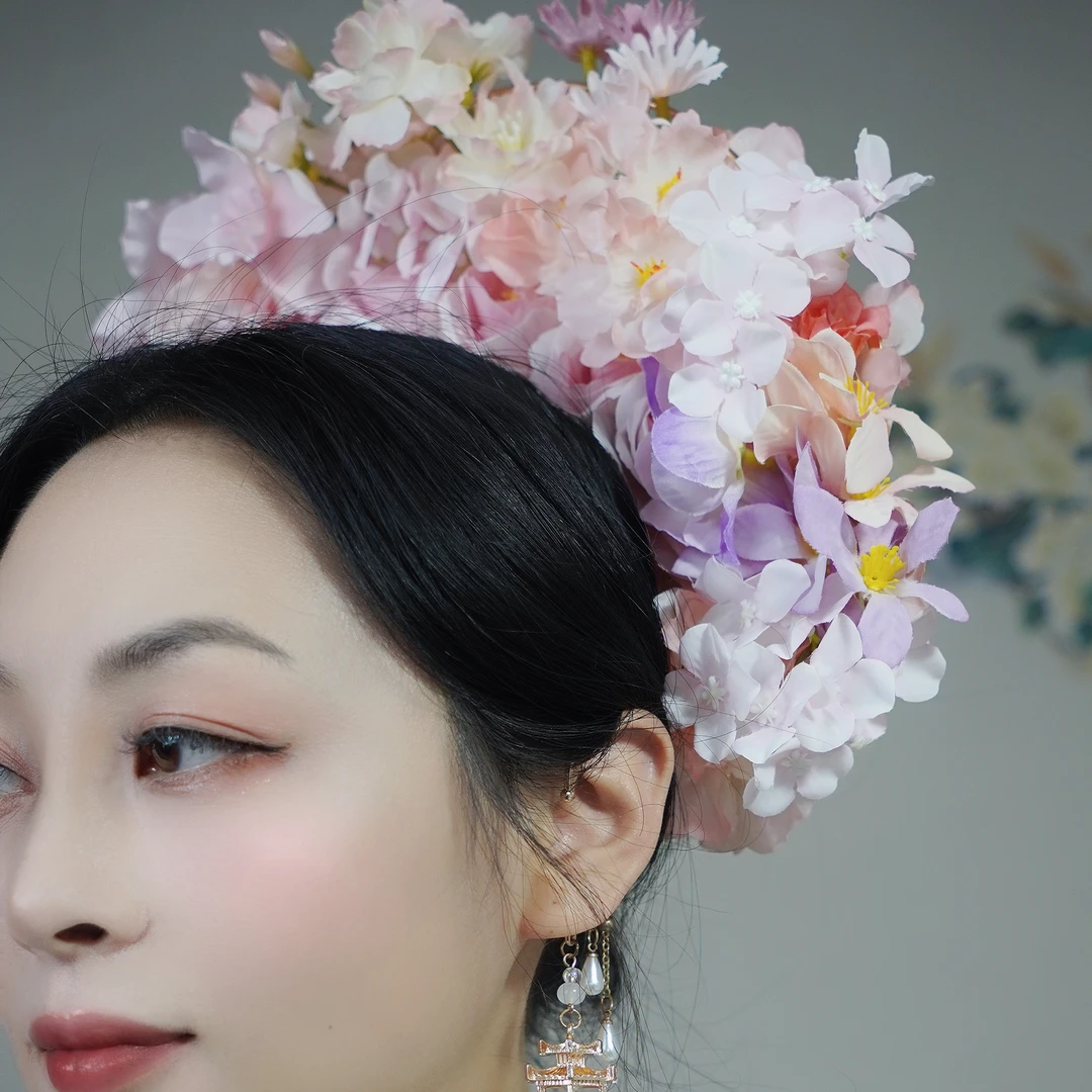 簪花发冠头冠蟳埔女民族风汉服配饰仿真花流苏头饰发饰花环围头