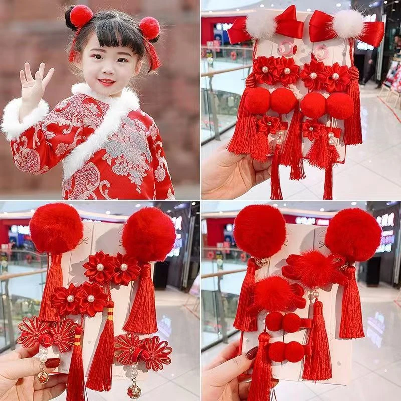 儿童新年女童发夹古风发卡红色中国风发饰喜庆可爱毛球女孩头饰
