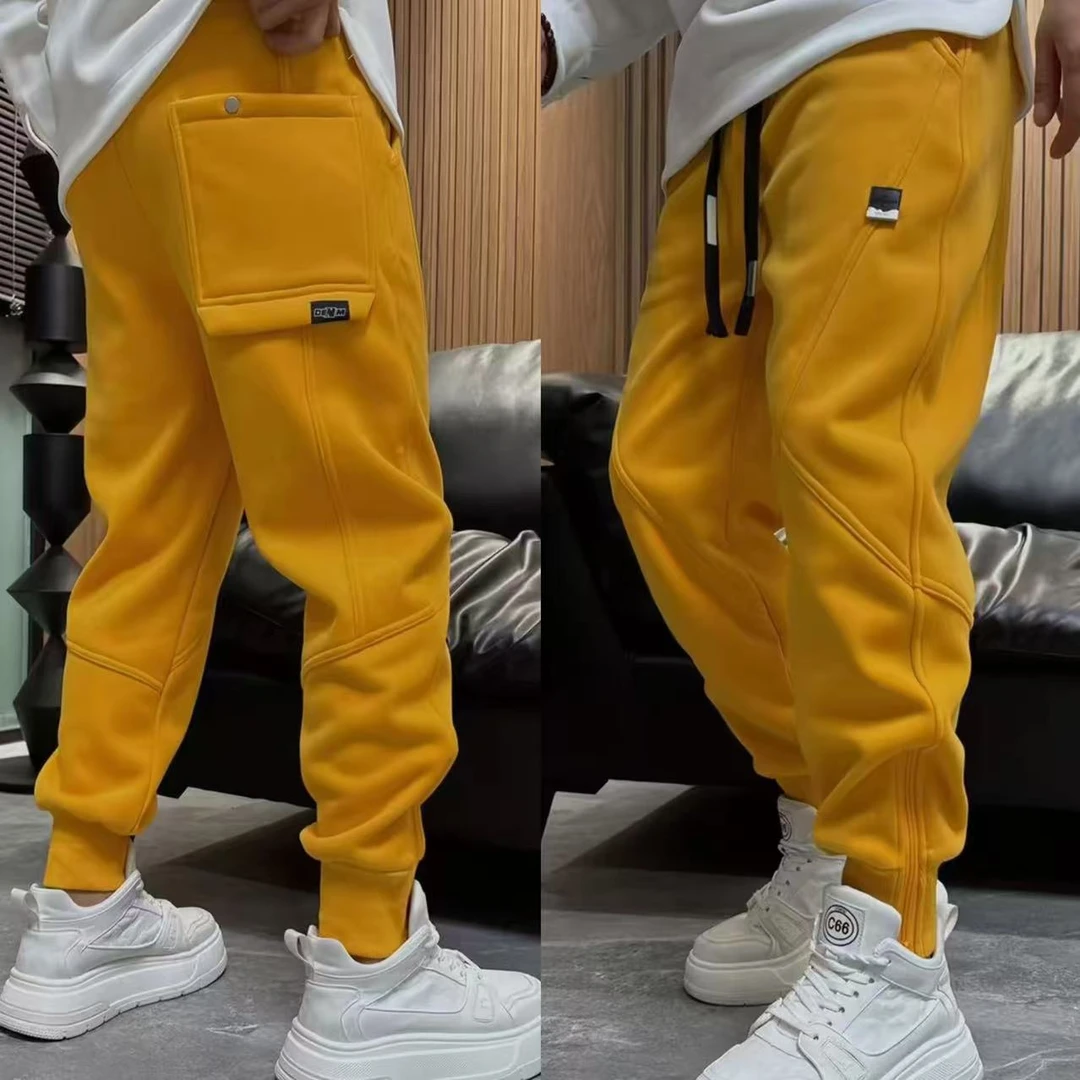 新款加绒加厚束脚卫裤男冬季潮流百搭纯色宽松拉链裤脚休闲哈伦裤