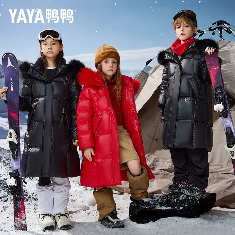 YAYA/鸭鸭儿童中长款大毛领童装羽绒服抗寒保暖过膝连帽外套9157