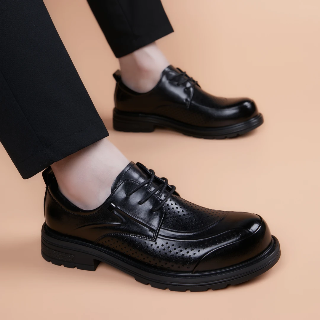 皮鞋男夏季透气散热韩版潮流百搭时尚英伦厚底内增高男士休闲皮鞋