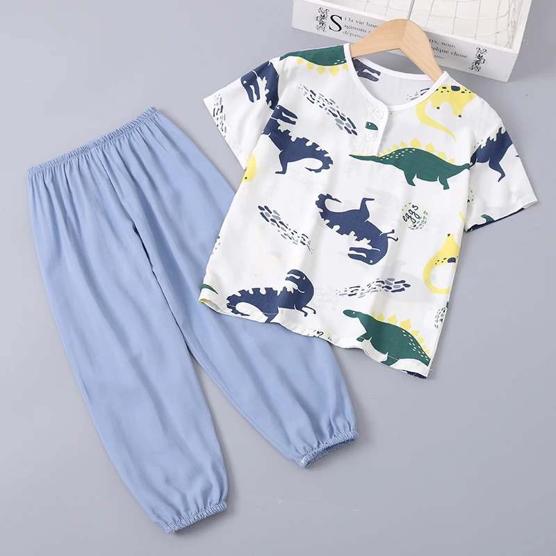 儿童短袖睡衣夏季绵绸薄款男童女童宝宝棉绸男女孩空调家居服套装