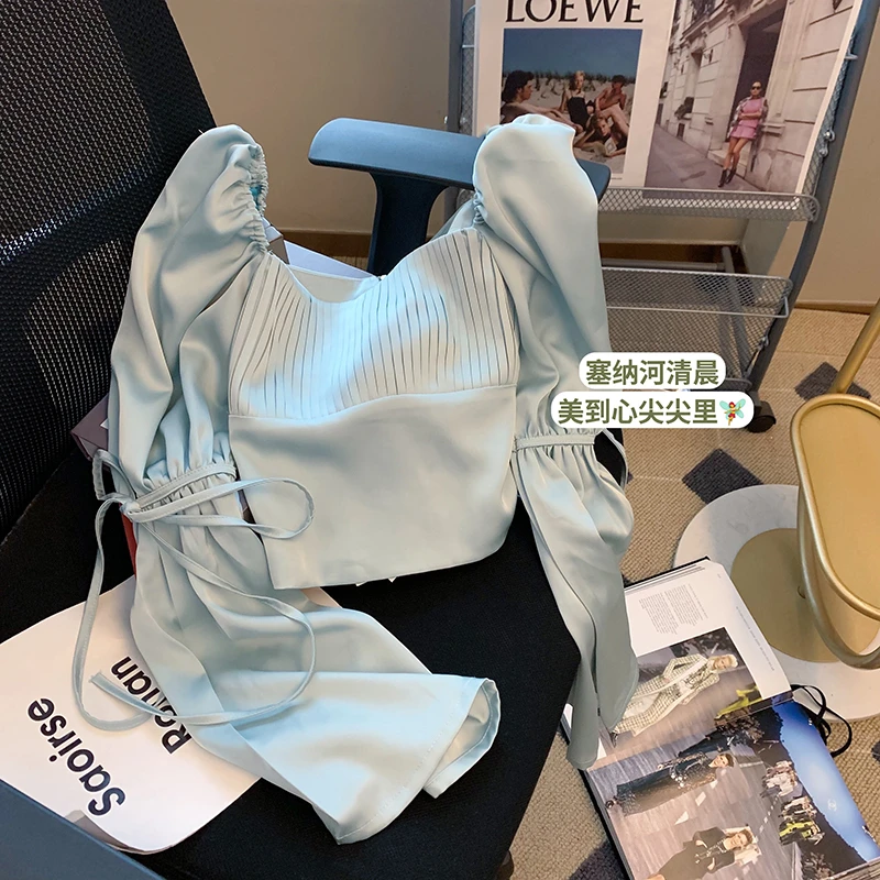 蓝色泡泡袖方领短上衣女纯欲小清新甜美法式小众韩系chic别致衬衫