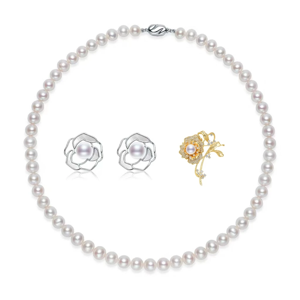 【总裁价到】京润珍珠美苑白茶花S925银淡水珍珠项链耳钉套装圆形