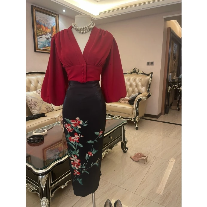 美人鱼【锦绣】港风复古收腰灯笼袖明艳上衣国风高腰包臀裙套装G195