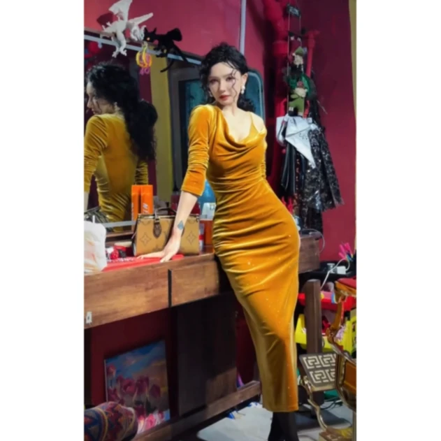 美人鱼【砂糖橘】富贵金丝绒钻连衣裙女碎褶鱼尾裙性感连衣裙G84