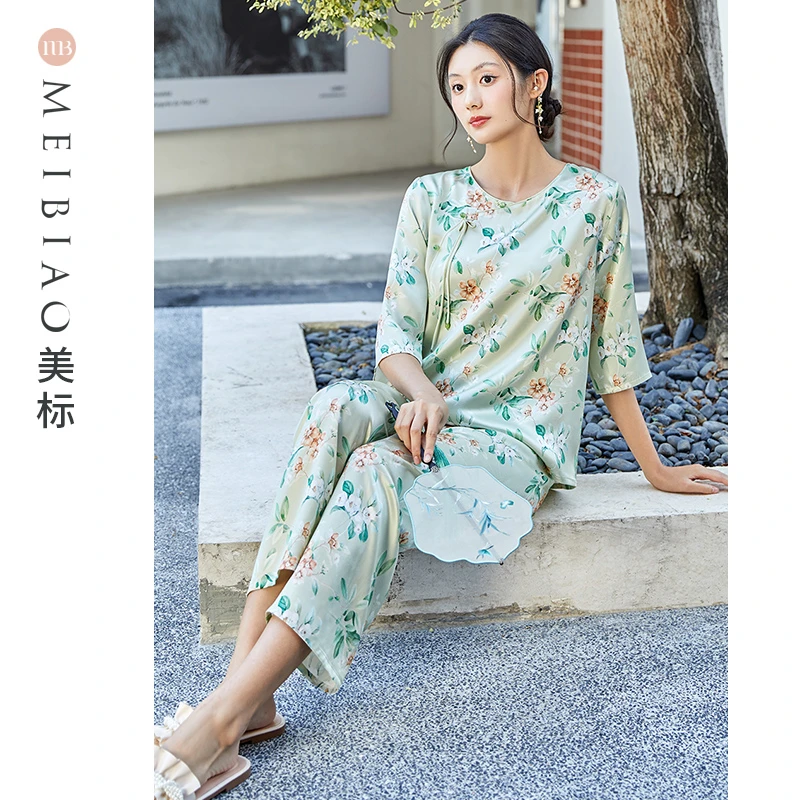 美标100桑蚕丝睡衣气质套装中国风印花中式女睡衣女套装100088