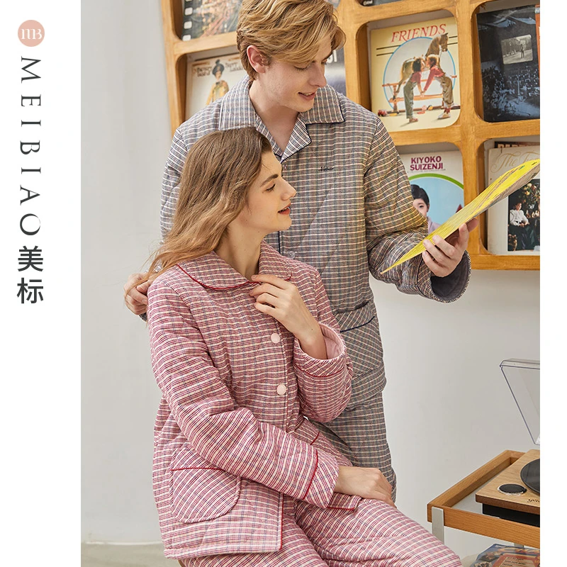 美标加厚保暖情侣纯棉睡衣女梭织磨毛三层夹棉秋冬男家居服300042