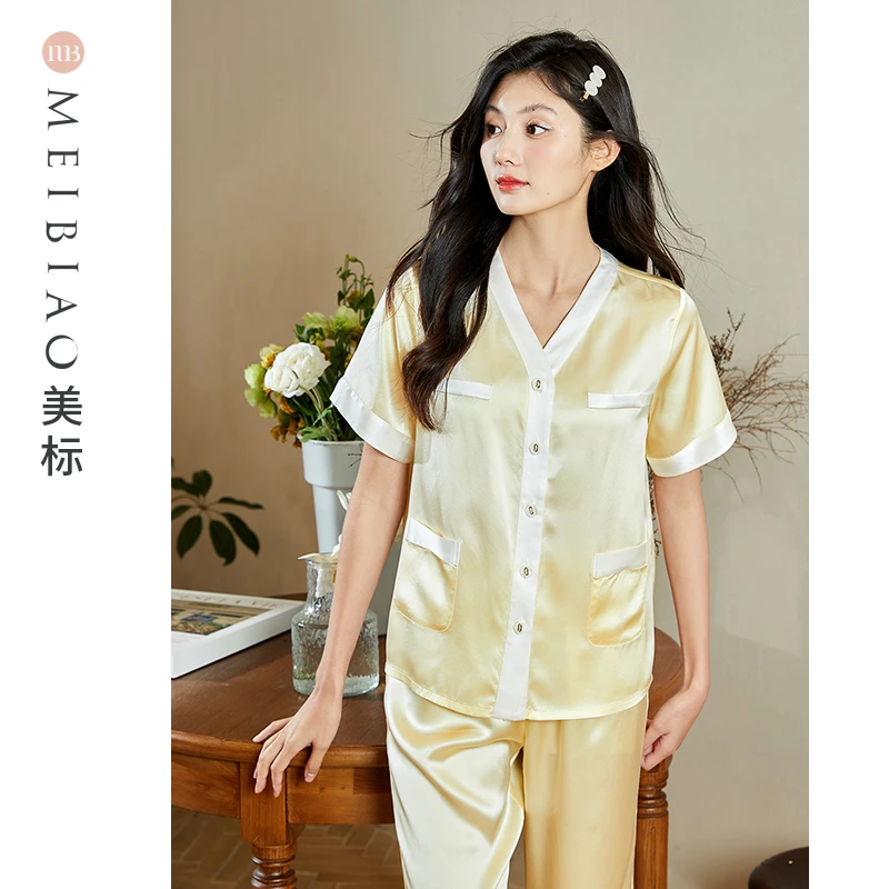 美标100桑蚕丝小香风睡衣套装夏季休闲简约薄款女士家居服100077