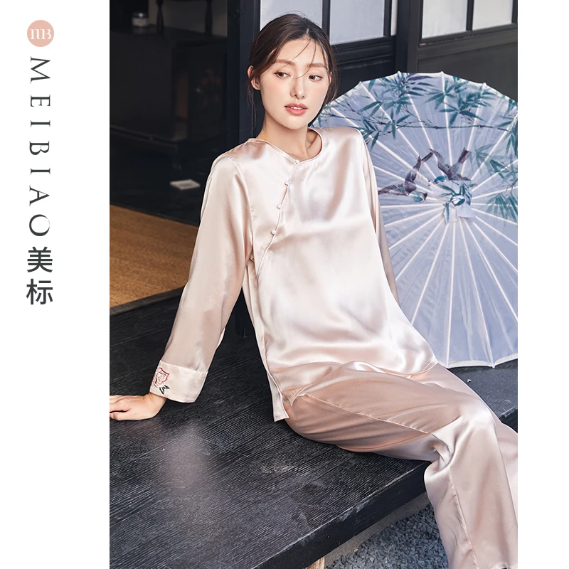 美标100%桑蚕丝19姆米长袖蕾丝舒适可外穿睡衣女套装 100132时尚