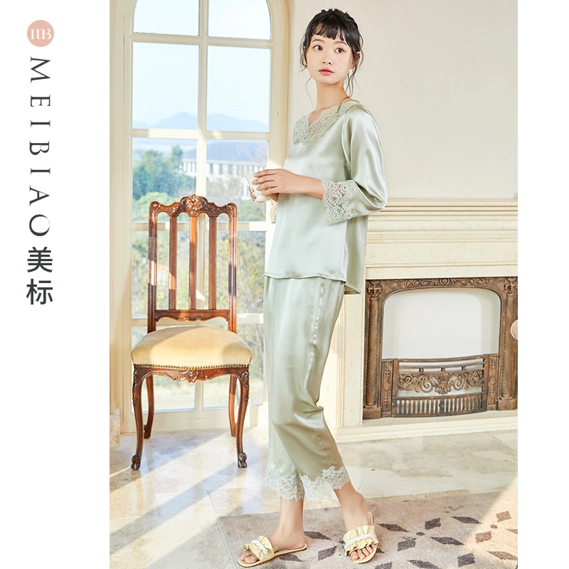 美标100%桑蚕丝浪漫仙美甜美减龄女士透气休闲套装奢华常规100092