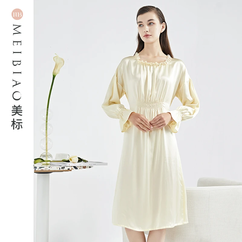 美标秋冬100%桑蚕丝女士长袖睡裙裙花边睡衣纯色丝绸家居服100057