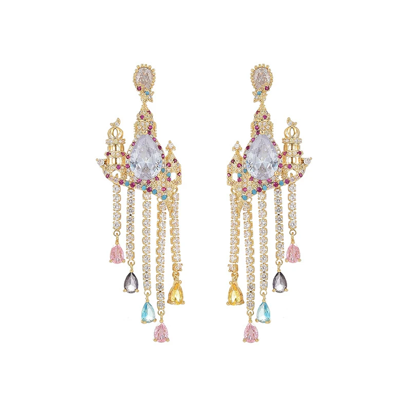 欧美复古宫廷风长款流苏城堡耳环S925银针镶锆石时尚重工大气耳饰