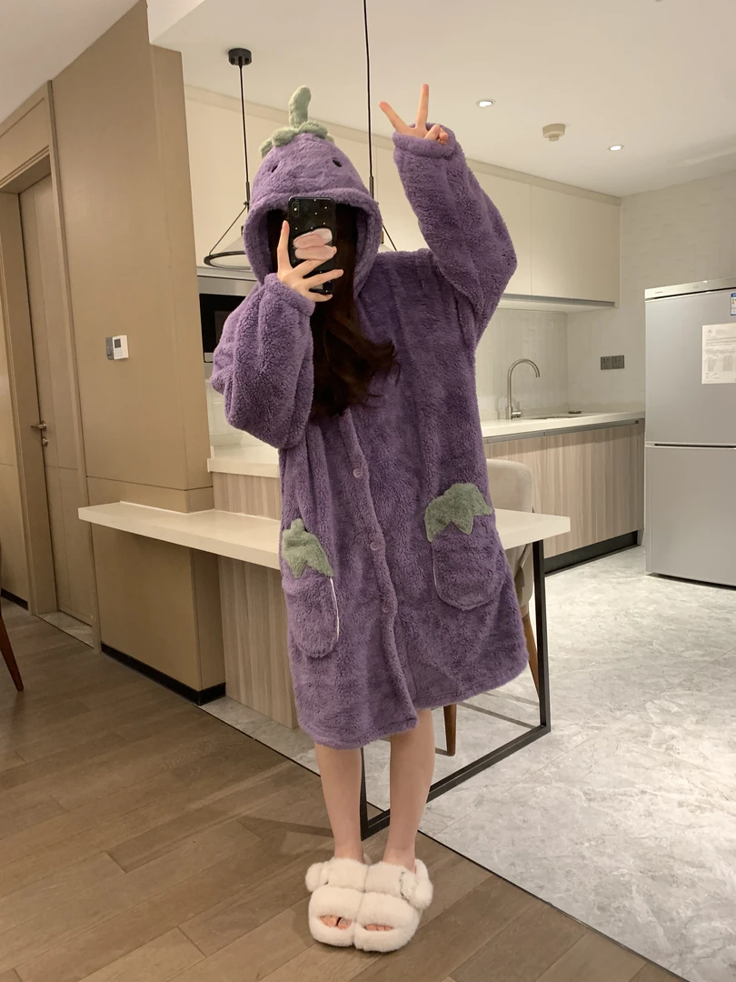 【卡通茄子】连帽珊瑚绒睡裙女冬季网红风家居服加厚加绒少女睡袍31
