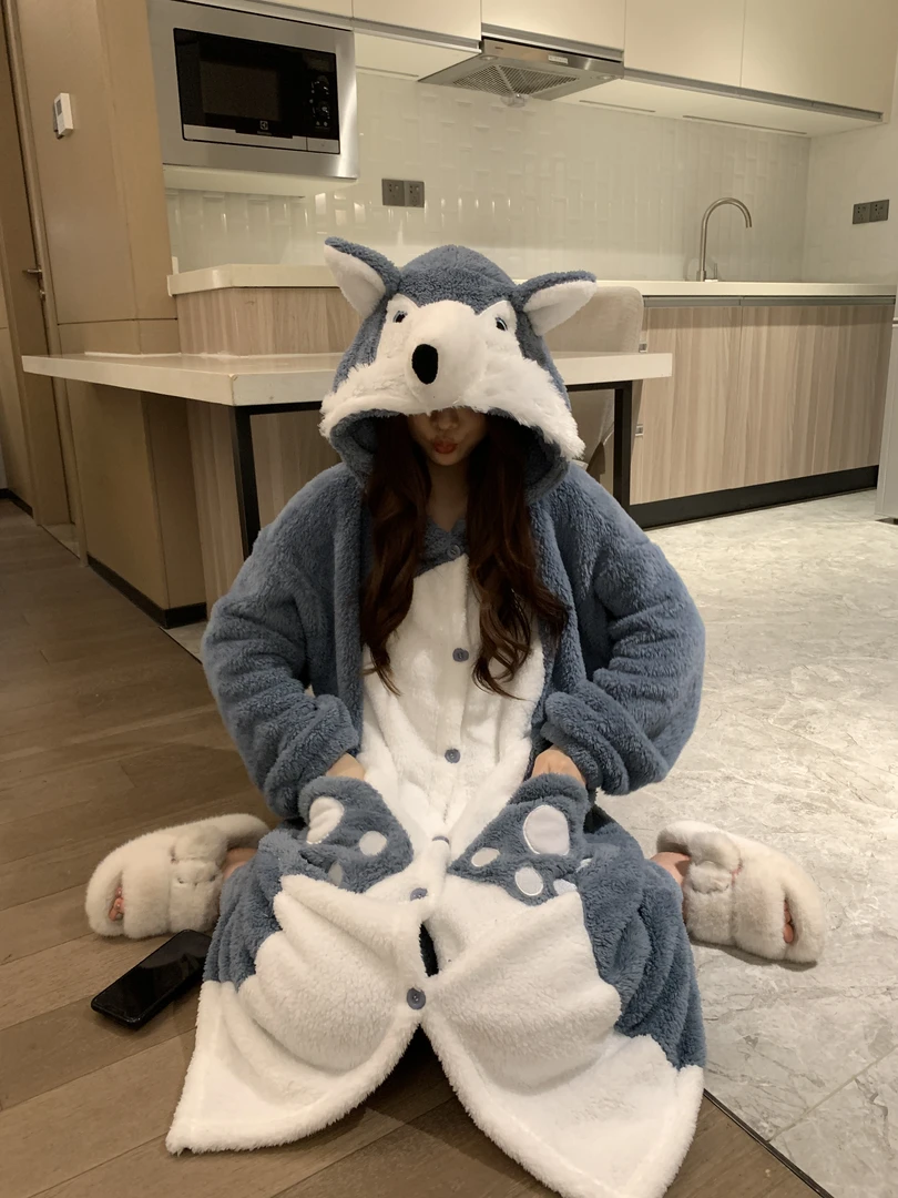 【哈士奇】睡袍女冬款法兰绒加绒睡衣女冬季学生宿舍卡通连帽13