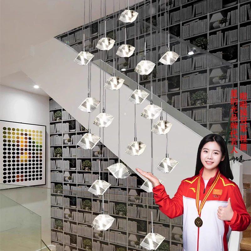 楼梯灯对角方体吊灯旋转复式楼现代简约轻奢别墅loft公寓客厅吊灯