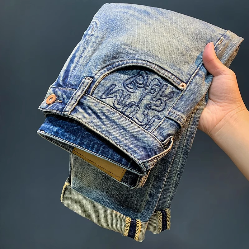 DZND高端男士牛仔裤夏季薄款潮流绣花抓烂九分裤浅蓝色弹力休闲裤