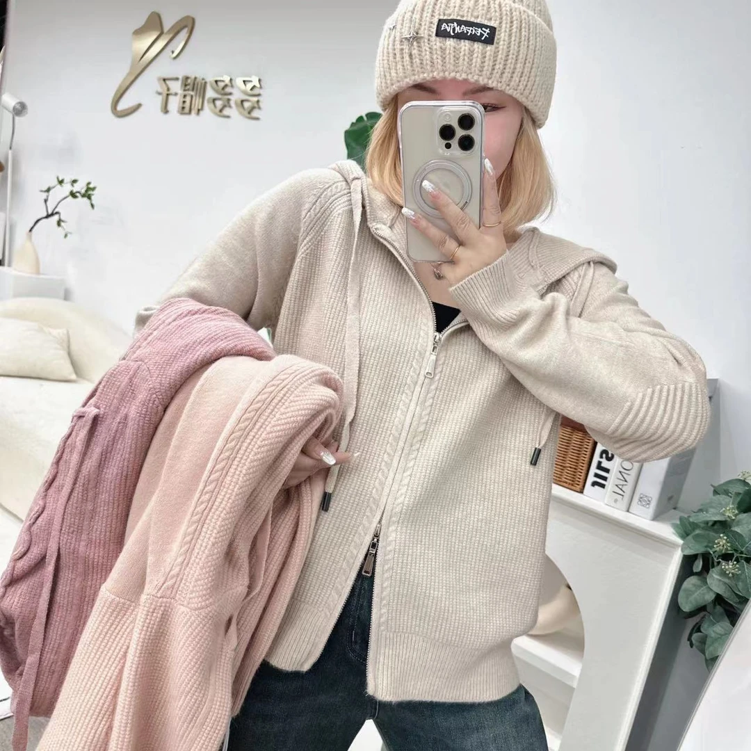 【多姐自卖】拉链连帽开衫~220838！秋冬宽松针织毛衣外套