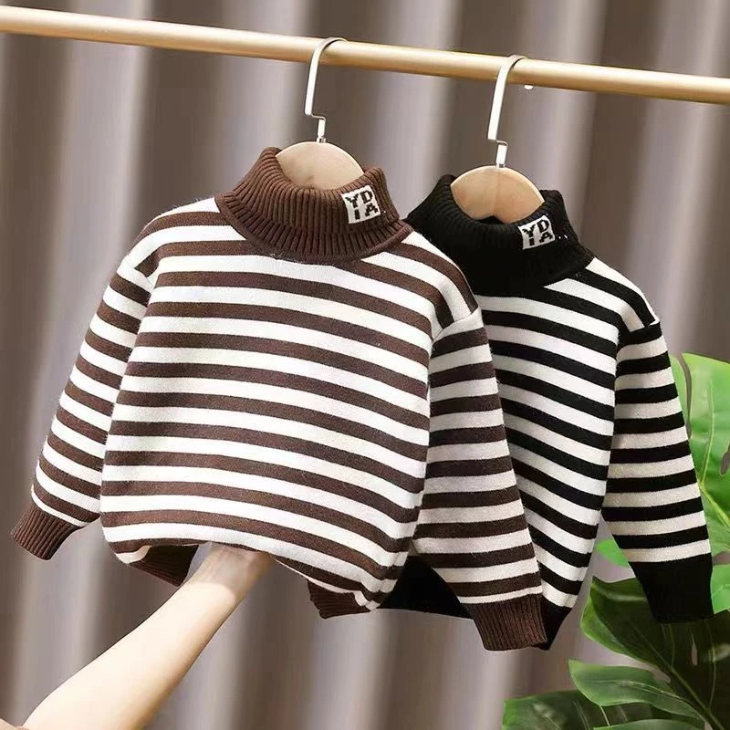 2023冬季儿童高领一体绒毛衣男童宝宝条纹针织中小童加厚线衣帅气