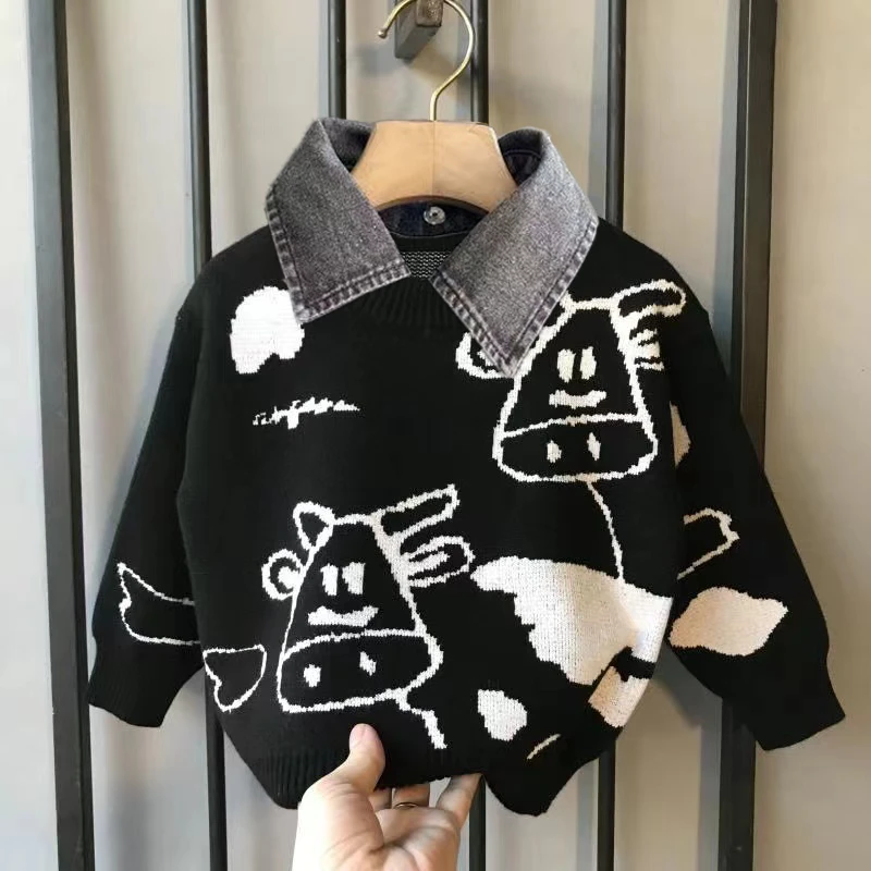 童装男童毛衣牛仔领2023新款冬季保暖加厚针织衫中大童套头打底衫