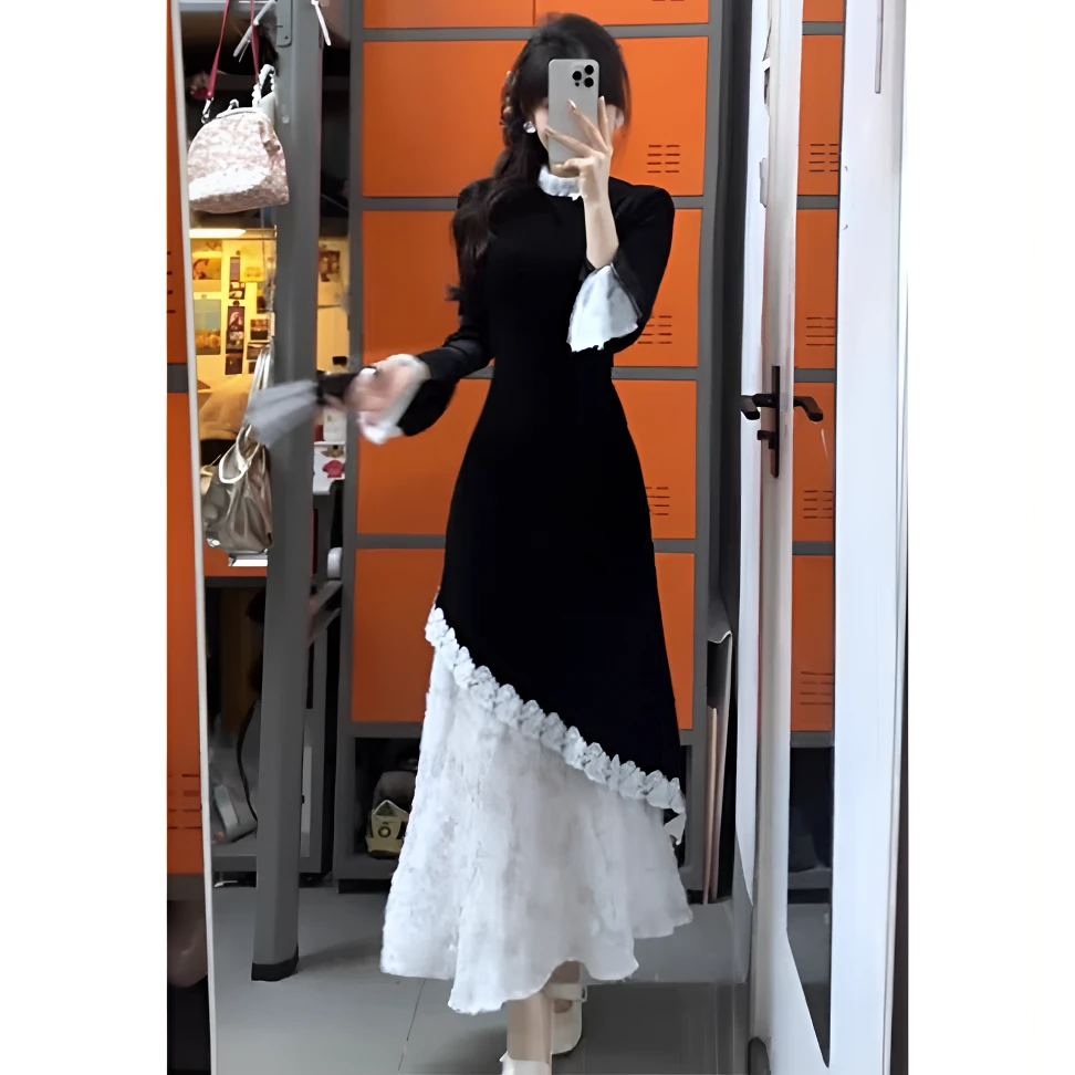 高级感新中式丝绒连衣裙女秋冬蕾丝拼接假两件旗袍裙长裙3314