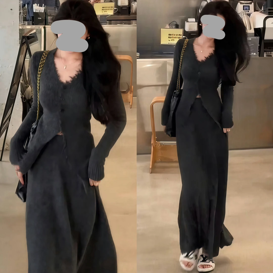 2024秋冬高级感V领毛边流苏长袖针织开衫上衣+高腰半身裙气质套装