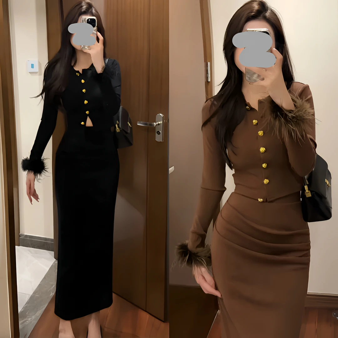 2024秋季轻奢时尚气质套装修身显瘦长袖上衣百搭高腰包臀裙两件套