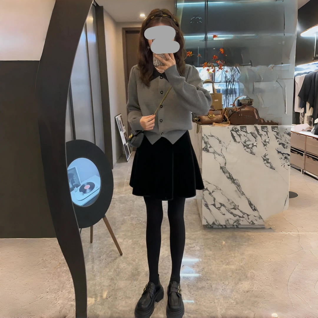 秋冬韩版气质小香风针织开衫修身显瘦毛衣外套百搭加厚丝绒半身裙