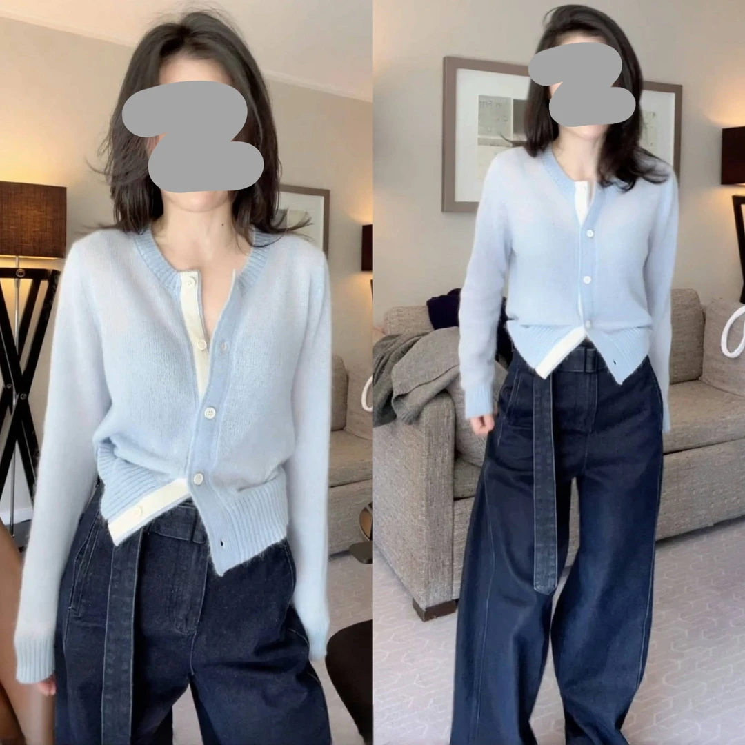 2025秋冬气质减龄修身显瘦长袖针织开衫毛衣百搭高腰阔腿牛仔裤