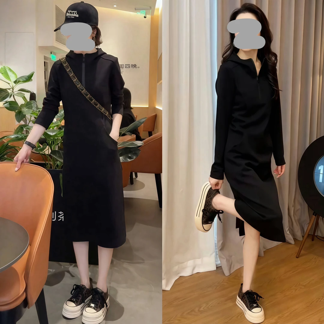 2024秋季时尚洋气宽松显瘦气质连衣裙连帽长袖中长款打底连衣裙潮