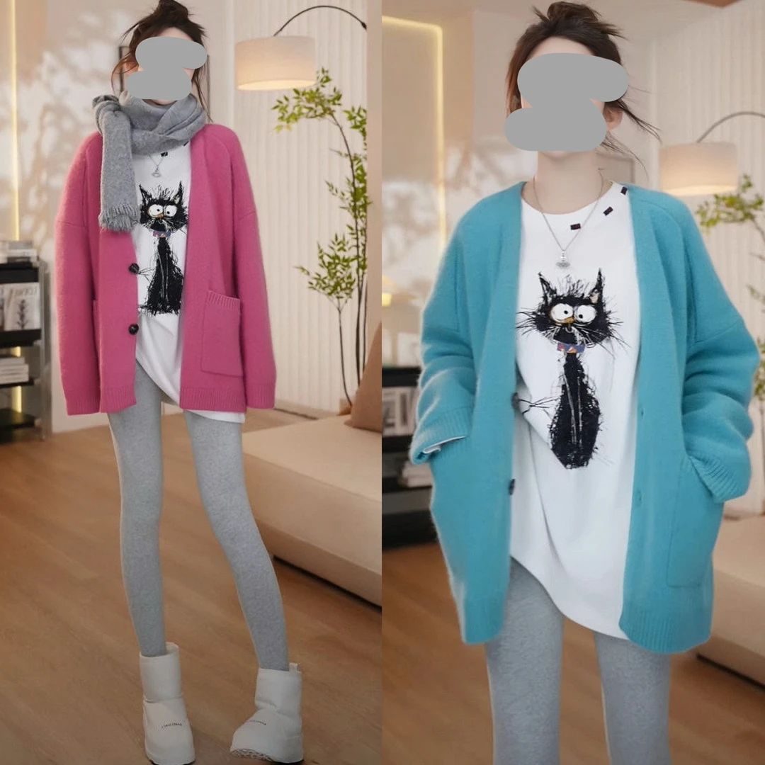 2024秋冬时尚慵懒风针织开衫气质减龄中长款毛衣外套长袖印花T恤