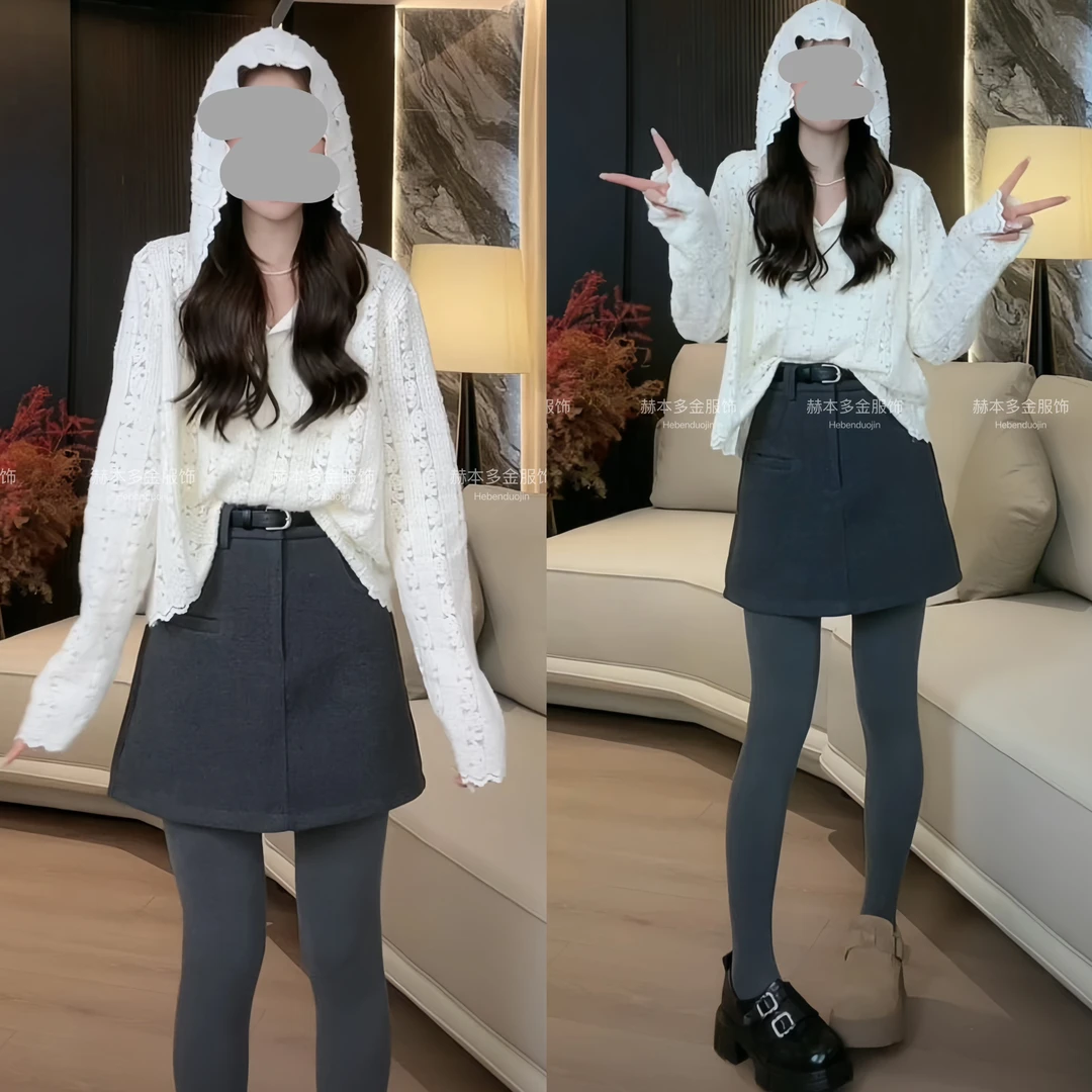 秋冬时尚气质显瘦连帽镂空蕾丝针织打底上衣女呢料短款半身裙套装