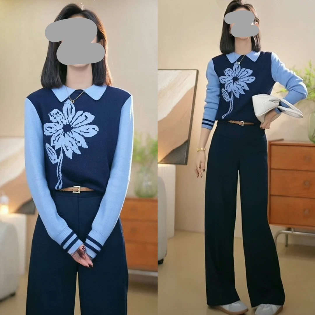2024秋冬轻奢减龄假两件提花撞色针织打底上衣百搭高腰休闲西装裤