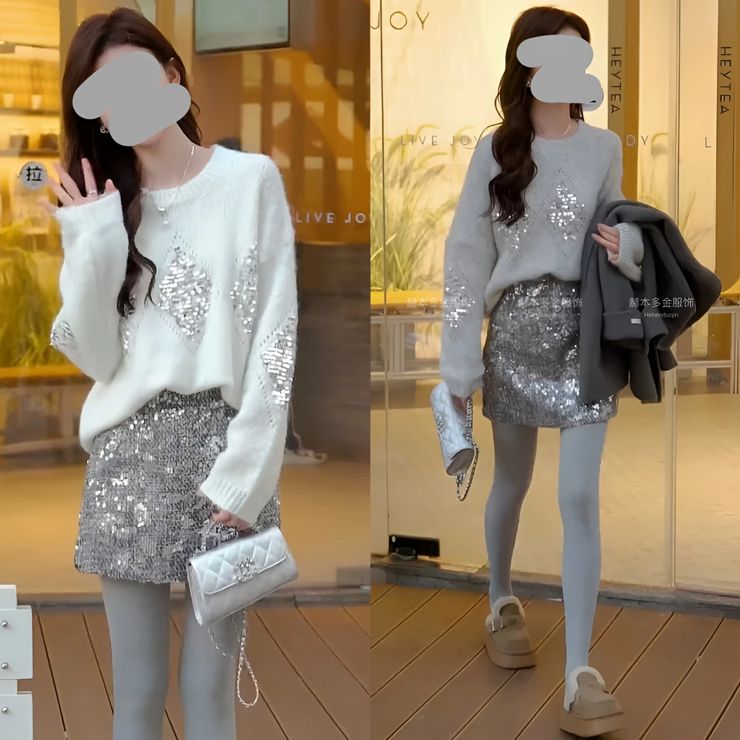 秋冬时尚气质宽松显瘦重工亮片针织上衣套头毛衣女百搭短款半身裙