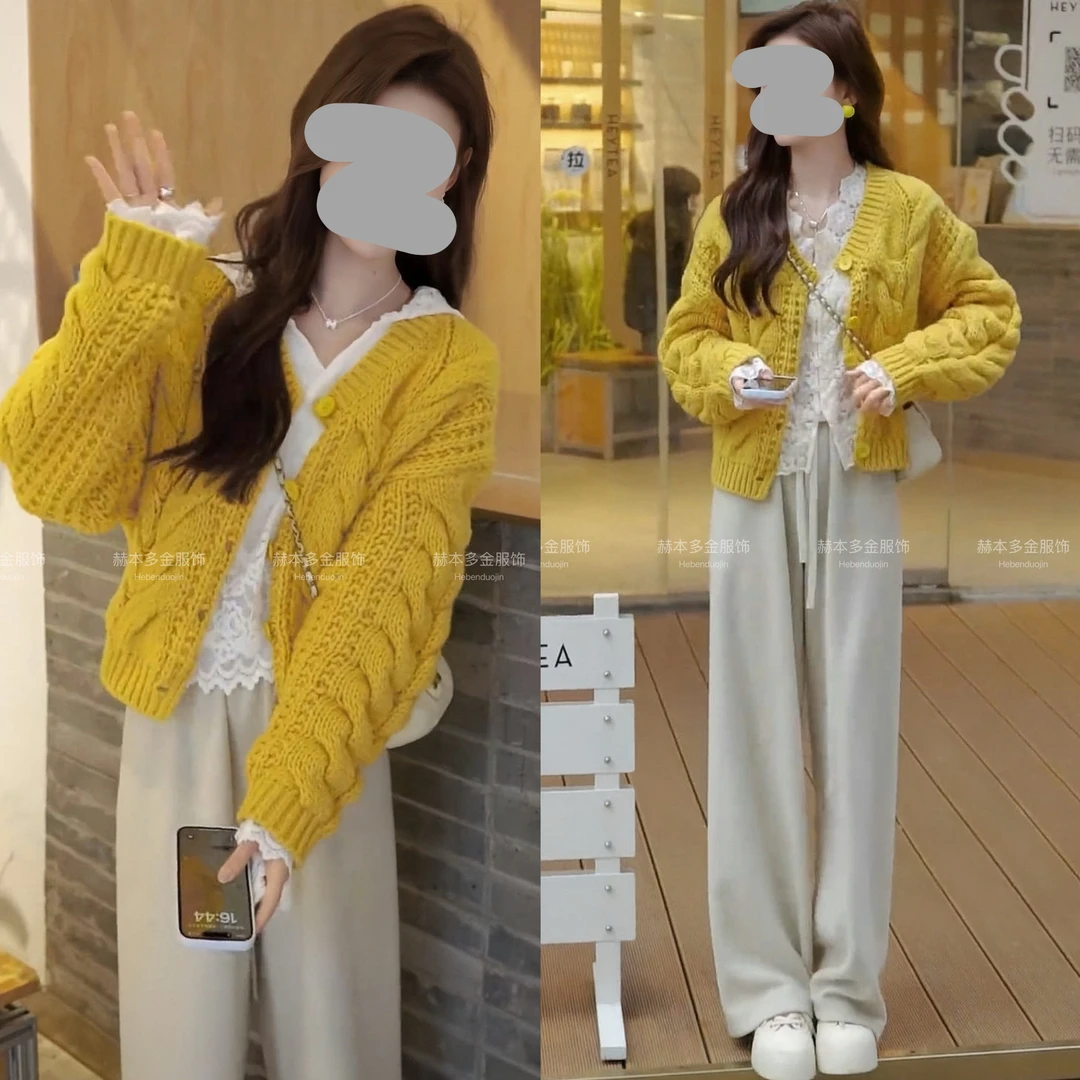 秋冬网红三件套小香风宽松显瘦针织开衫蕾丝拼接上衣休闲直筒裤潮