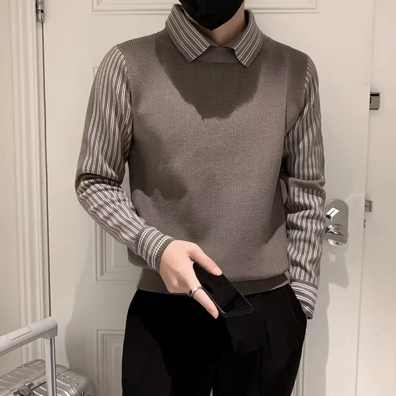 毛衣男士秋冬季潮牌新款假两件衬衫领打底衫内搭加绒针织衫上衣服