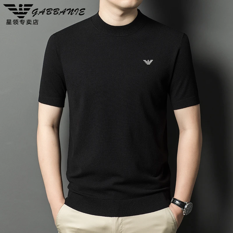 专柜正品轻奢春秋男士短袖针织羊毛衫时尚休闲半高领薄款打底衫潮