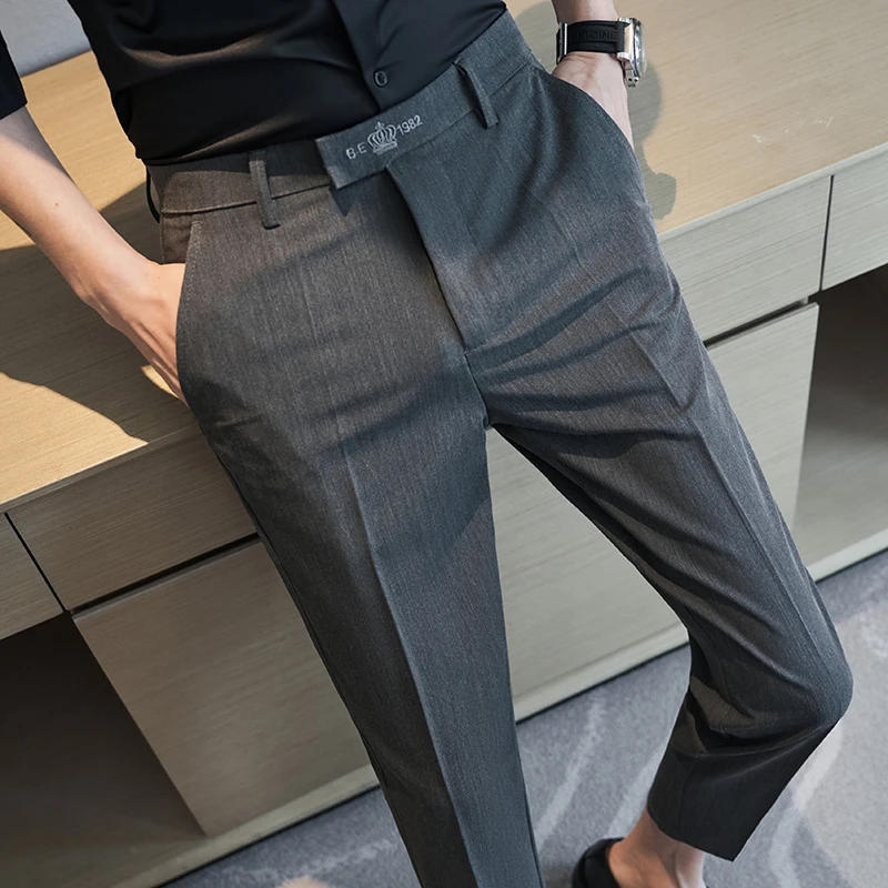 2024春夏西装裤九分西裤男修身弹力刺绣英伦商务休闲裤子垂感高级